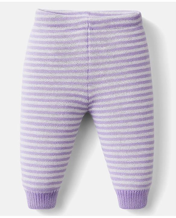 Babyhug Knit Full Sleeves Front Open Sweater Set with Stripes - Lavender