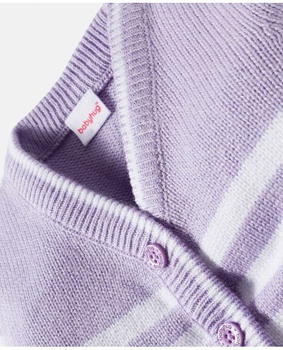 Babyhug Knit Full Sleeves Front Open Sweater Set with Stripes - Lavender