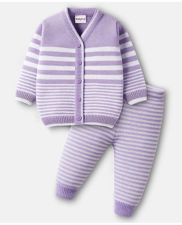 Babyhug Knit Full Sleeves Front Open Sweater Set with Stripes - Lavender