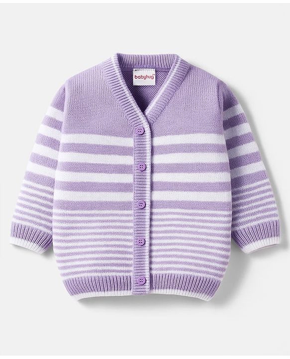 Babyhug Knit Full Sleeves Front Open Sweater Set with Stripes - Lavender