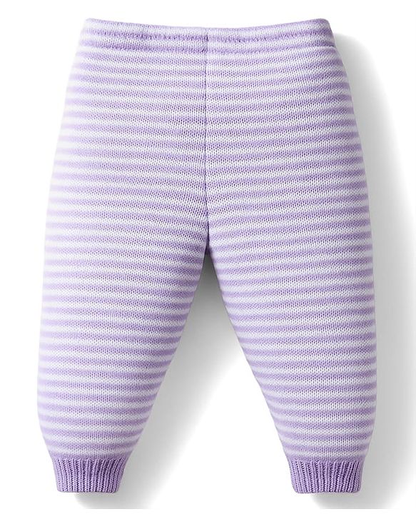 Babyhug Knit Full Sleeves Front Open Sweater Set with Stripes - Lavender
