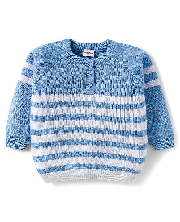 Babyhug Knitted Full Raglan Sleeves Striped Sweater Set - Light Blue