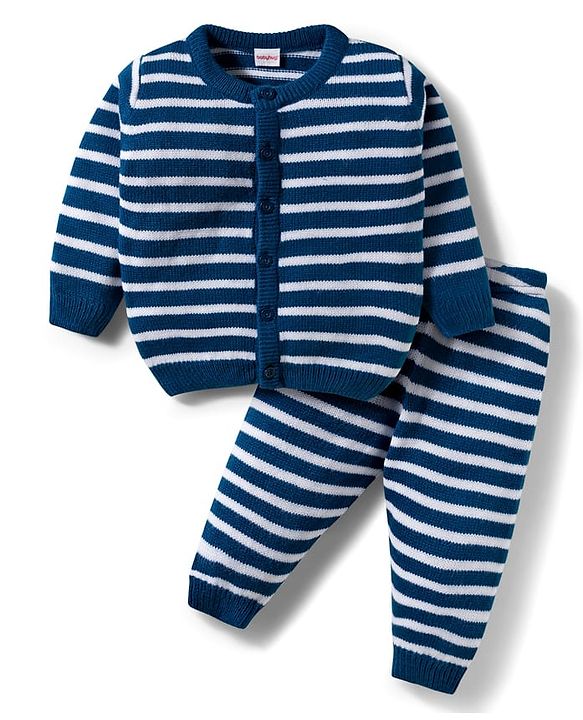 Babyhug Knitted Full Sleeves Striped Co-ord Sweater Set - Blue & White