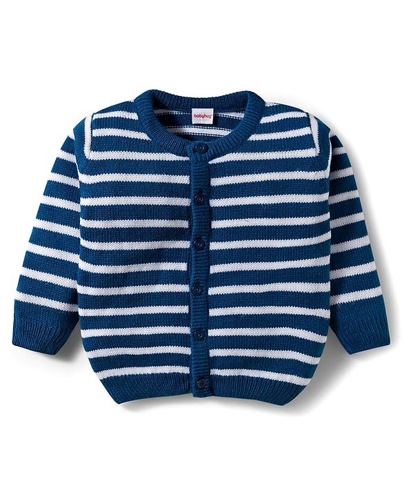 Babyhug Knitted Full Sleeves Striped Co-ord Sweater Set - Blue & White