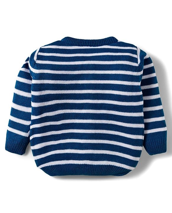 Babyhug Knitted Full Sleeves Striped Co-ord Sweater Set - Blue & White