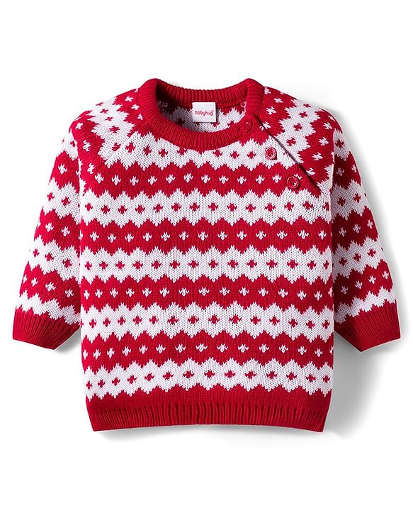 Babyhug Knitted Full Raglan Sleeves Design Sweater Set - Red & White