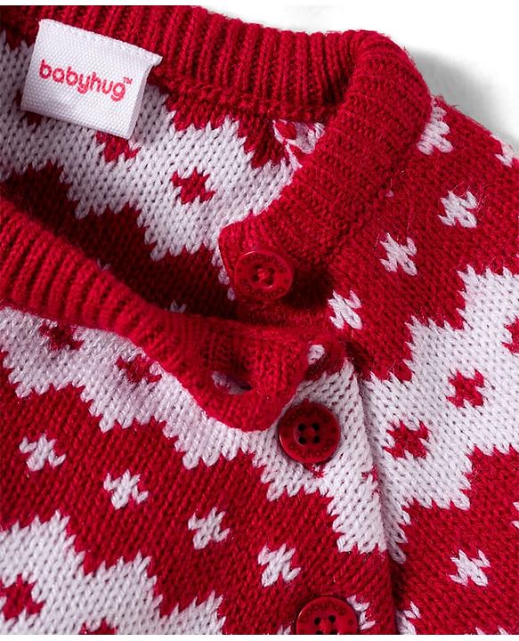 Babyhug Knitted Full Raglan Sleeves Design Sweater Set - Red & White