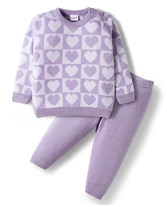 Babyhug Knit Full Sleeves Solid Color Pullover Sweater Set with Heart Design - Lavender