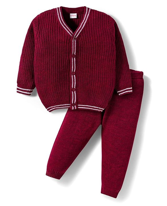 Babyhug Knitted Full Sleeves Solid Sweater Set - Maroon