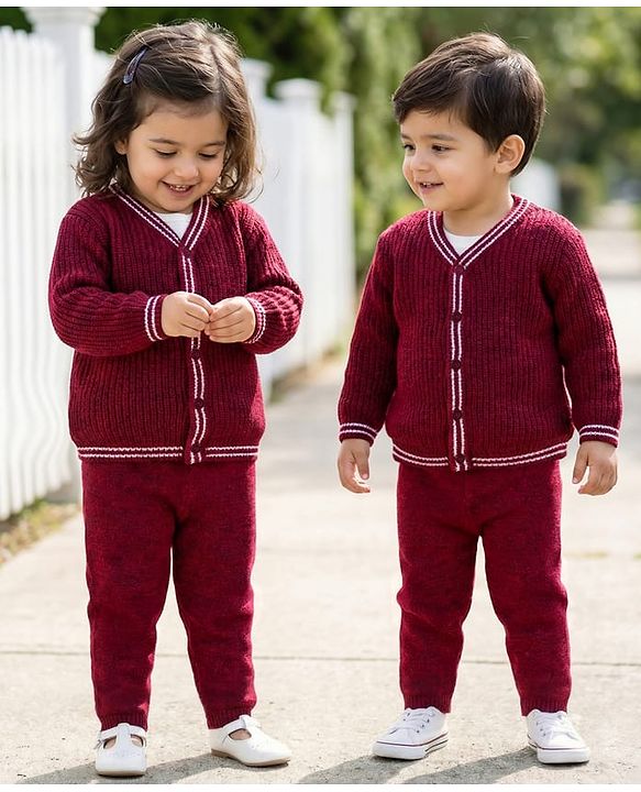 Babyhug Knitted Full Sleeves Solid Sweater Set - Maroon
