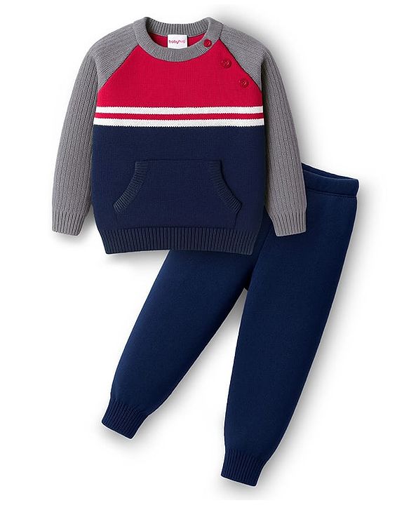 Babyhug Knitted Full Raglan Sleeves Sweater Set With Color Block Design - Navy Blue Red & Grey