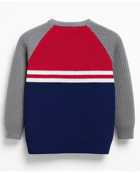 Babyhug Knitted Full Raglan Sleeves Sweater Set With Color Block Design - Navy Blue Red & Grey