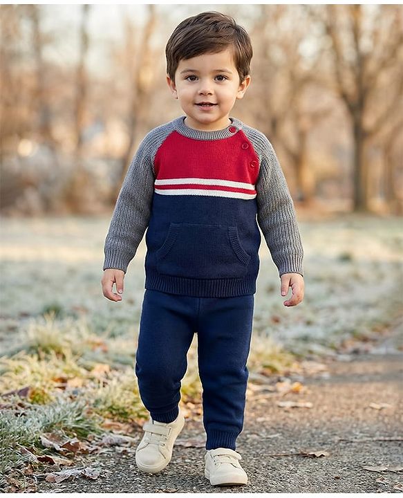 Babyhug Knitted Full Raglan Sleeves Sweater Set With Color Block Design - Navy Blue Red & Grey