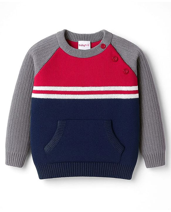 Babyhug Knitted Full Raglan Sleeves Sweater Set With Color Block Design - Navy Blue Red & Grey