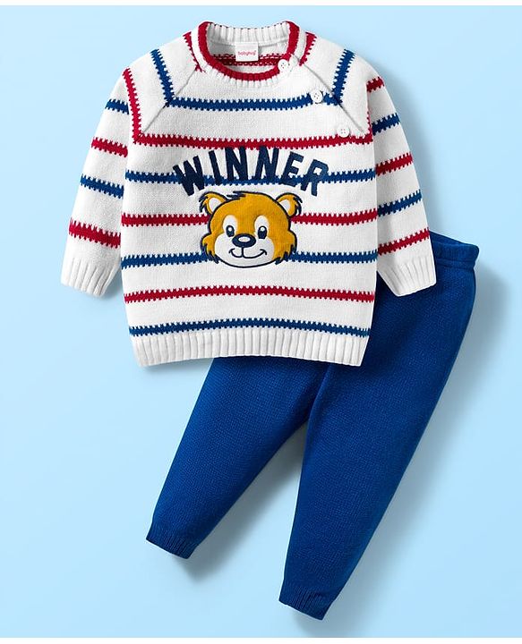 Babyhug Knitted Full Raglan Sleeves Striped Sweater Set With Animal Embroidery - White & Blue