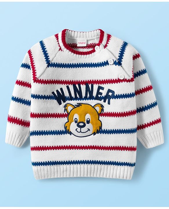 Babyhug Knitted Full Raglan Sleeves Striped Sweater Set With Animal Embroidery - White & Blue