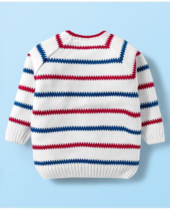 Babyhug Knitted Full Raglan Sleeves Striped Sweater Set With Animal Embroidery - White & Blue