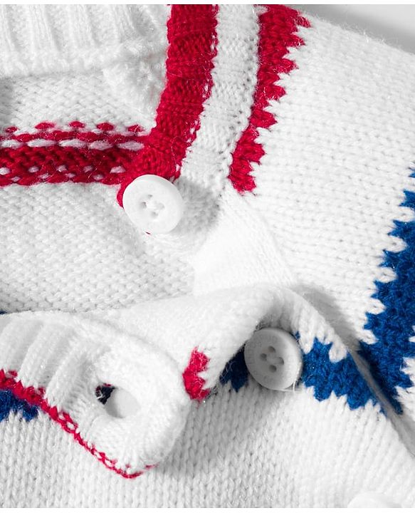 Babyhug Knitted Full Raglan Sleeves Striped Sweater Set With Animal Embroidery - White & Blue