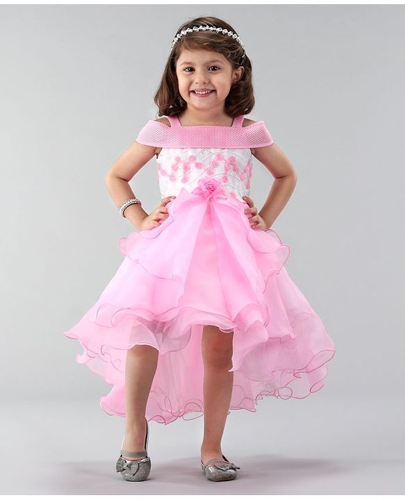 Babyhug Off Shoulder Tissue Fabric Party Wear Dress Floral Applique - Pink