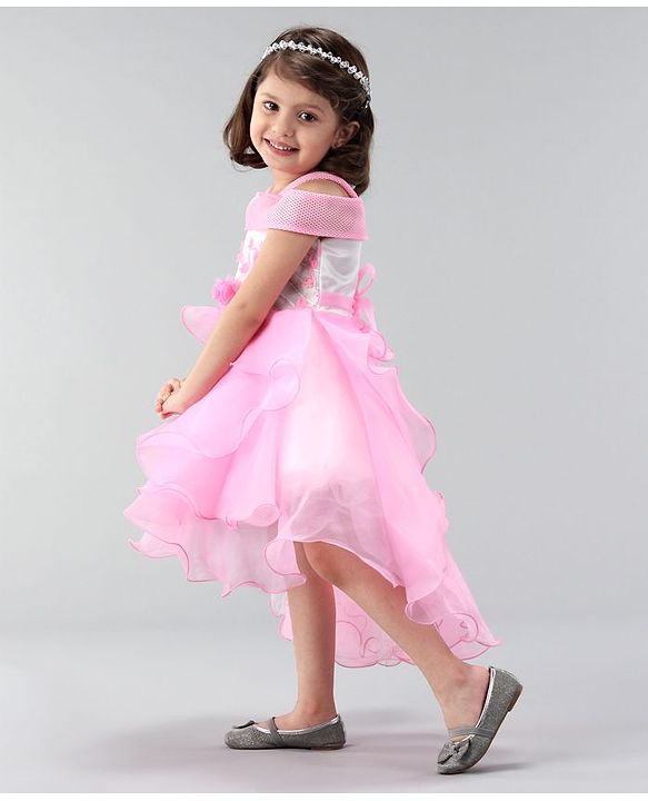 Babyhug Off Shoulder Tissue Fabric Party Wear Dress Floral Applique - Pink