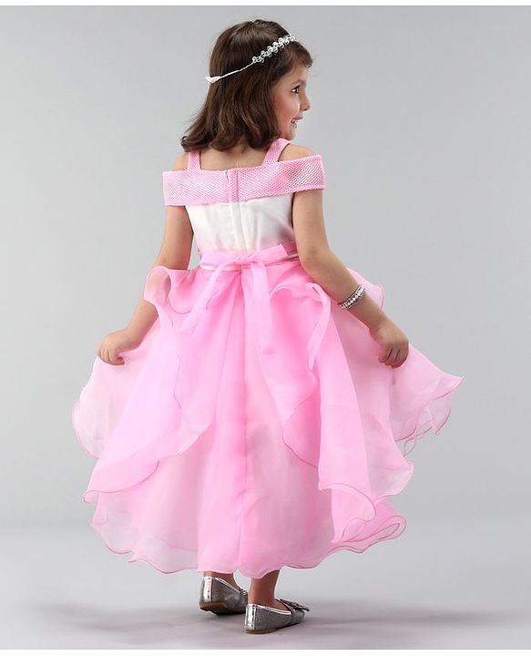 Babyhug Off Shoulder Tissue Fabric Party Wear Dress Floral Applique - Pink