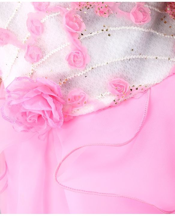 Babyhug Off Shoulder Tissue Fabric Party Wear Dress Floral Applique - Pink