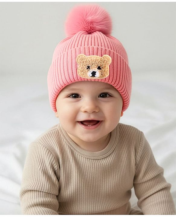 Babyhug Knit Woollen Cap With Teddy Bear Patch Pink - Diameter 9 cm
