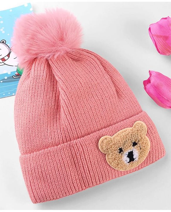 Babyhug Knit Woollen Cap With Teddy Bear Patch Pink - Diameter 9 cm