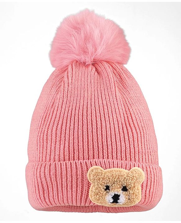 Babyhug Knit Woollen Cap With Teddy Bear Patch Pink - Diameter 9 cm