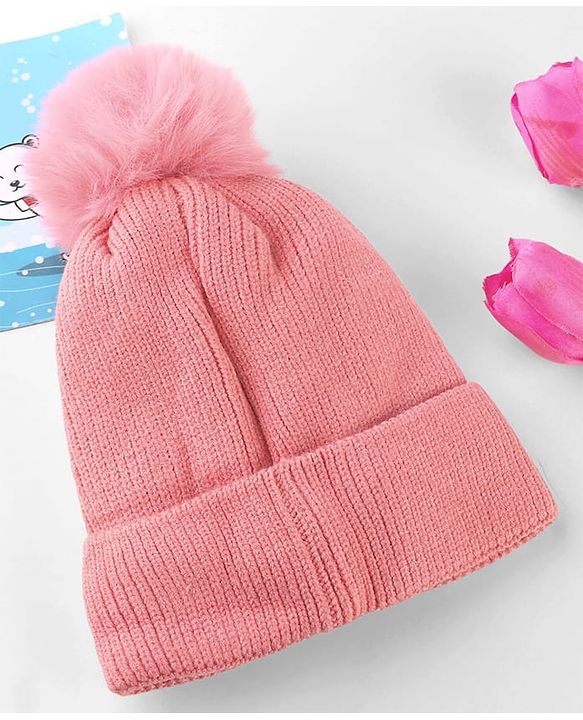 Babyhug Knit Woollen Cap With Teddy Bear Patch Pink - Diameter 9 cm