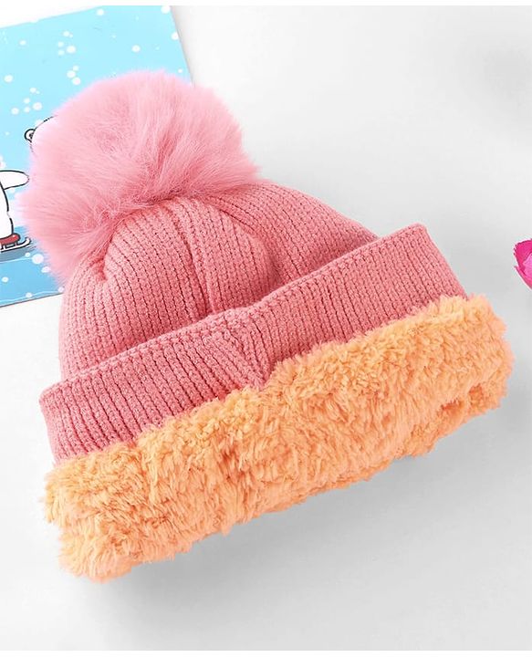 Babyhug Knit Woollen Cap With Teddy Bear Patch Pink - Diameter 9 cm