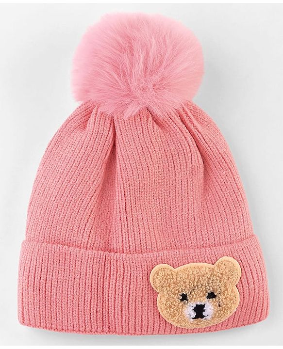 Babyhug Knit Woollen Cap With Teddy Bear Patch Pink - Diameter 9 cm