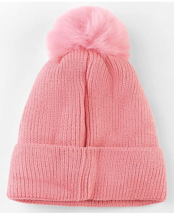 Babyhug Knit Woollen Cap With Teddy Bear Patch Pink - Diameter 9 cm
