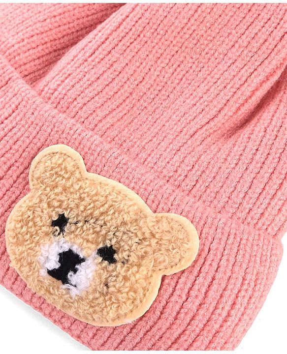 Babyhug Knit Woollen Cap With Teddy Bear Patch Pink - Diameter 9 cm