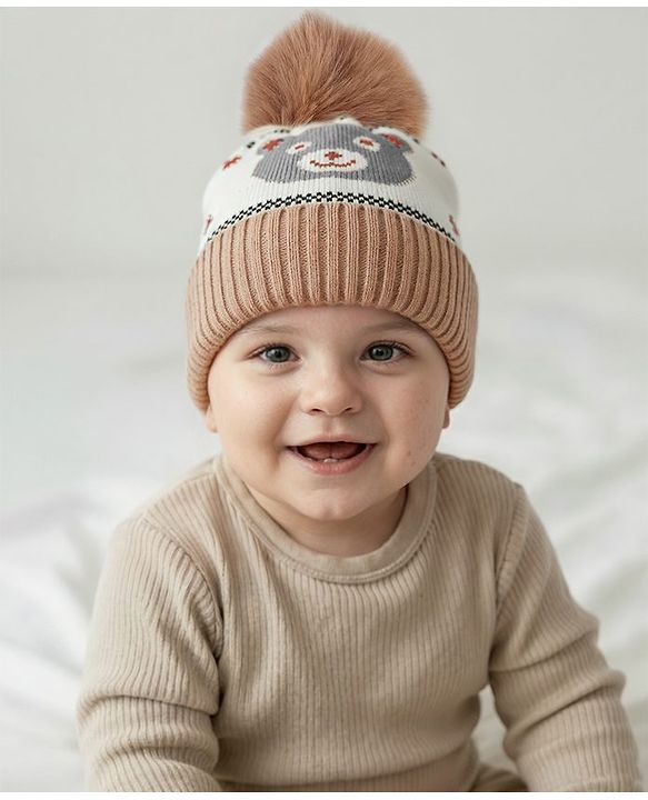 Babyhug Knit Woollen Cap With Teddy Bear Design Brown - Diameter 9 cm