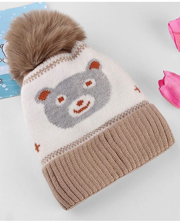 Babyhug Knit Woollen Cap With Teddy Bear Design Brown - Diameter 9 cm