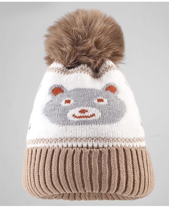 Babyhug Knit Woollen Cap With Teddy Bear Design Brown - Diameter 9 cm
