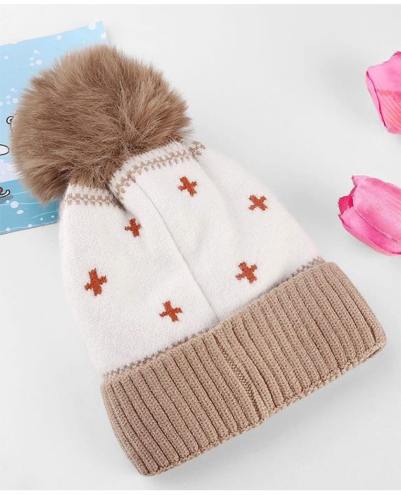 Babyhug Knit Woollen Cap With Teddy Bear Design Brown - Diameter 9 cm