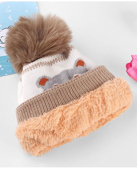Babyhug Knit Woollen Cap With Teddy Bear Design Brown - Diameter 9 cm