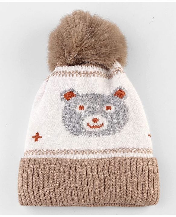 Babyhug Knit Woollen Cap With Teddy Bear Design Brown - Diameter 9 cm