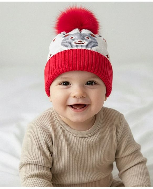 Babyhug Knit Woollen Cap With Teddy Bear Design Brown - Diameter 9 cm