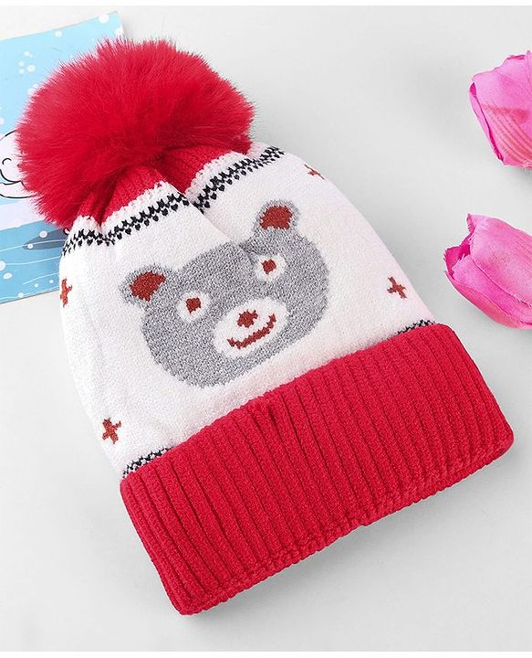 Babyhug Knit Woollen Cap With Teddy Bear Design Brown - Diameter 9 cm