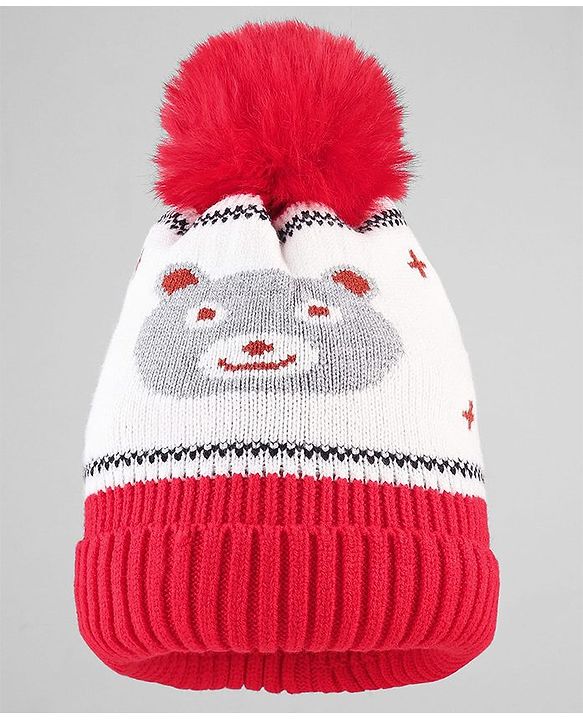 Babyhug Knit Woollen Cap With Teddy Bear Design Brown - Diameter 9 cm