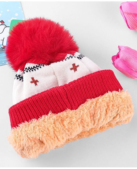 Babyhug Knit Woollen Cap With Teddy Bear Design Brown - Diameter 9 cm