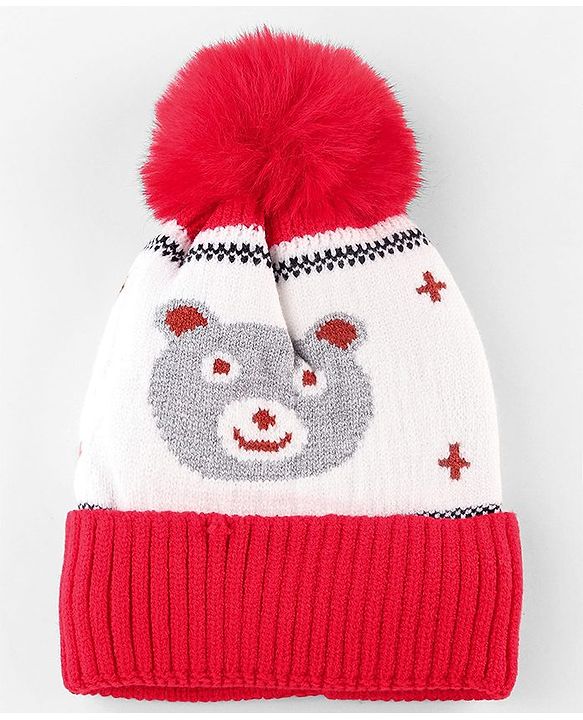 Babyhug Knit Woollen Cap With Teddy Bear Design Brown - Diameter 9 cm