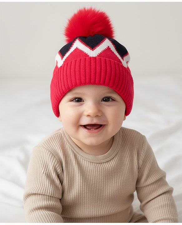 Babyhug Knit Woollen Cap Black & Red - Diameter 9 cm