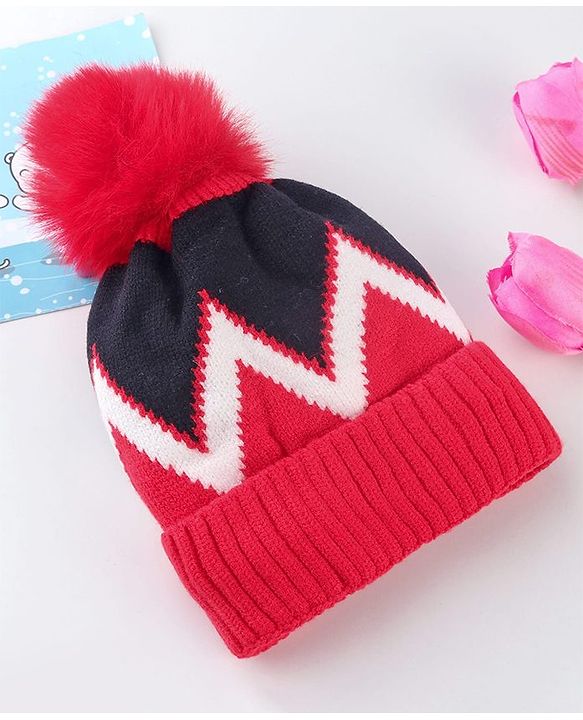 Babyhug Knit Woollen Cap Black & Red - Diameter 9 cm