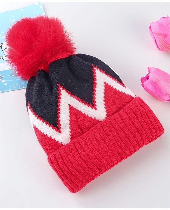 Babyhug Knit Woollen Cap Black & Red - Diameter 9 cm