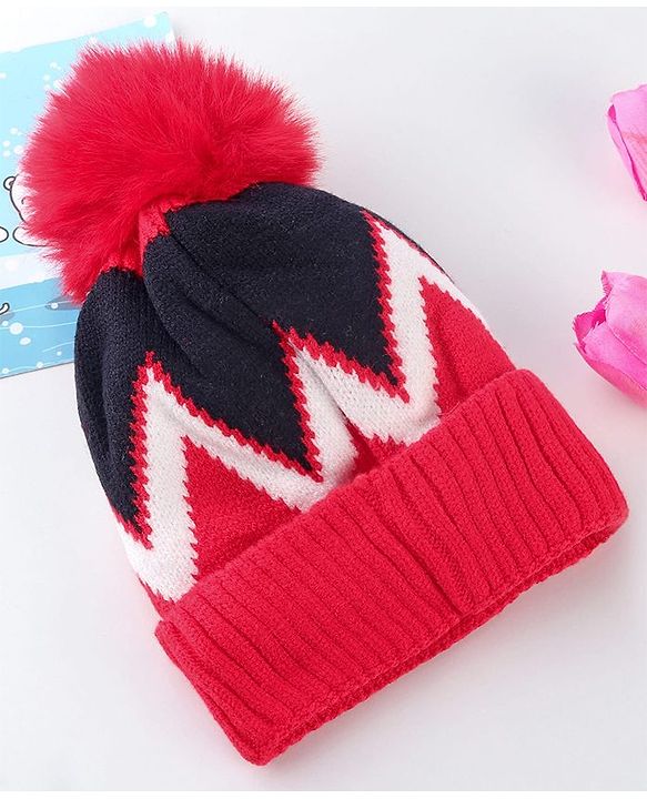 Babyhug Knit Woollen Cap Black & Red - Diameter 9 cm