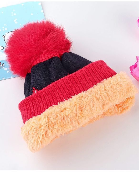 Babyhug Knit Woollen Cap Black & Red - Diameter 9 cm